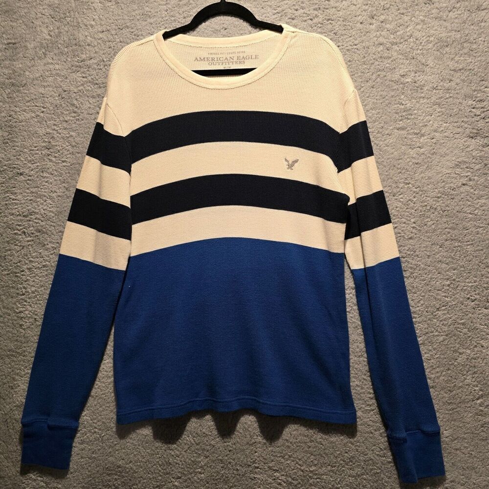 AMERICAN EAGLE Mens Sz M Blue Black White Striped Long Sleeve Knit Sweater - Picture 2 of 6